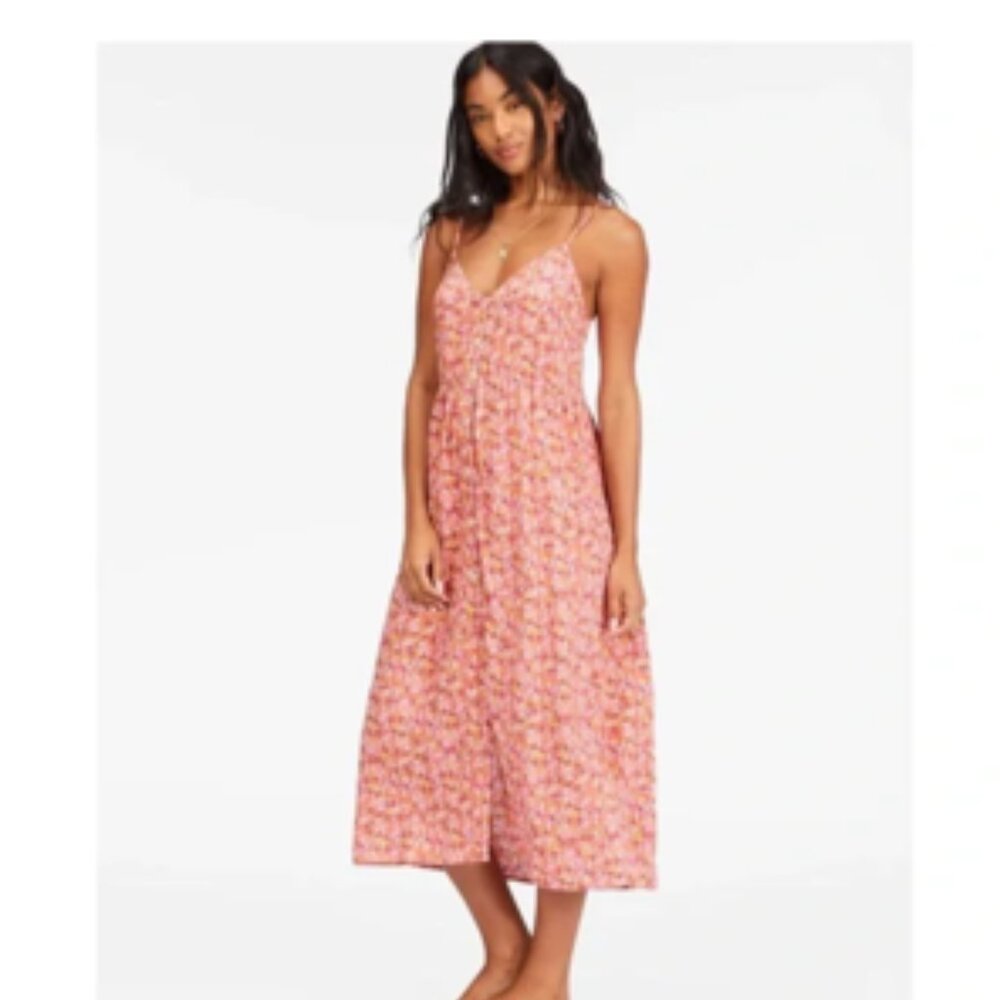 BILLABONG VENICE BABE MIDI SLIP DRESS Coral Red/Multi Sz. S